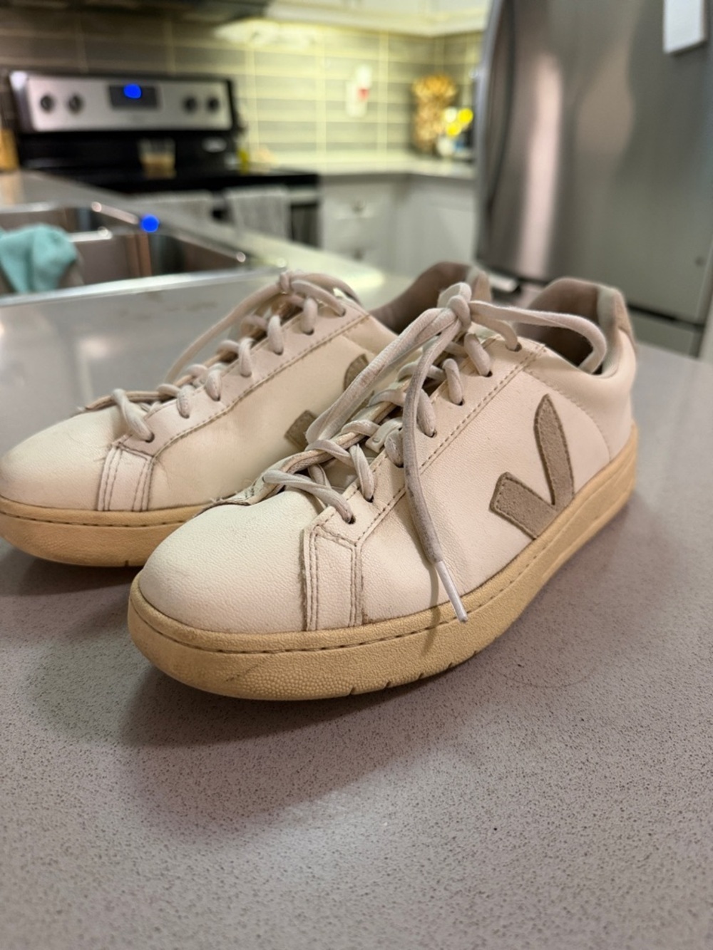 Veja Leather Sneakers in Off-White with Taupe V Logo